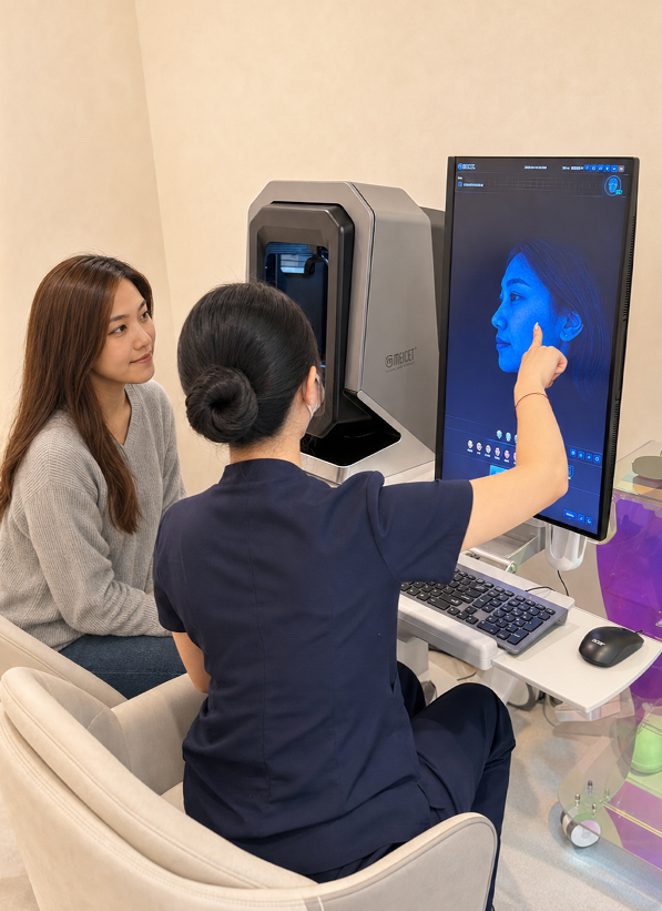 專業資深的治療師於 ANUMI Skin Clinic為客人詳細解釋 AI 數據報告